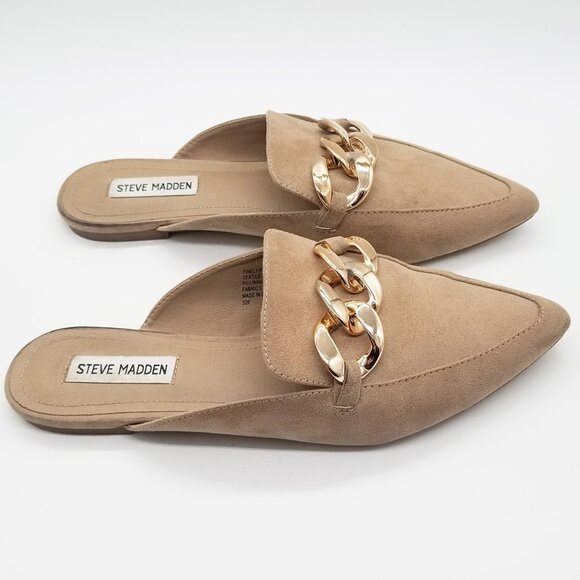 Steve Madden Finely Tan Beige Pointed Toe Gold Chunky Chain Slip On Mules  9.5 - Picture 8 of 15